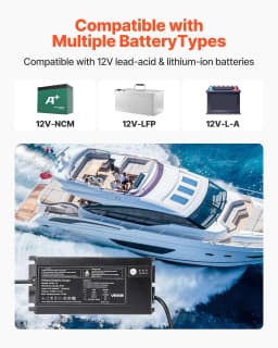 image-VEVOR Marine Battery Charger, 1-Bank, 10A 12V Onboard Boat Charger, IP68 Waterproof Smart On-Board Battery Charger, for Lithium-Ion (LiFePO4), NCM, Lead-Acid Batteries, Large Boat, Yacht, RV, Trailer