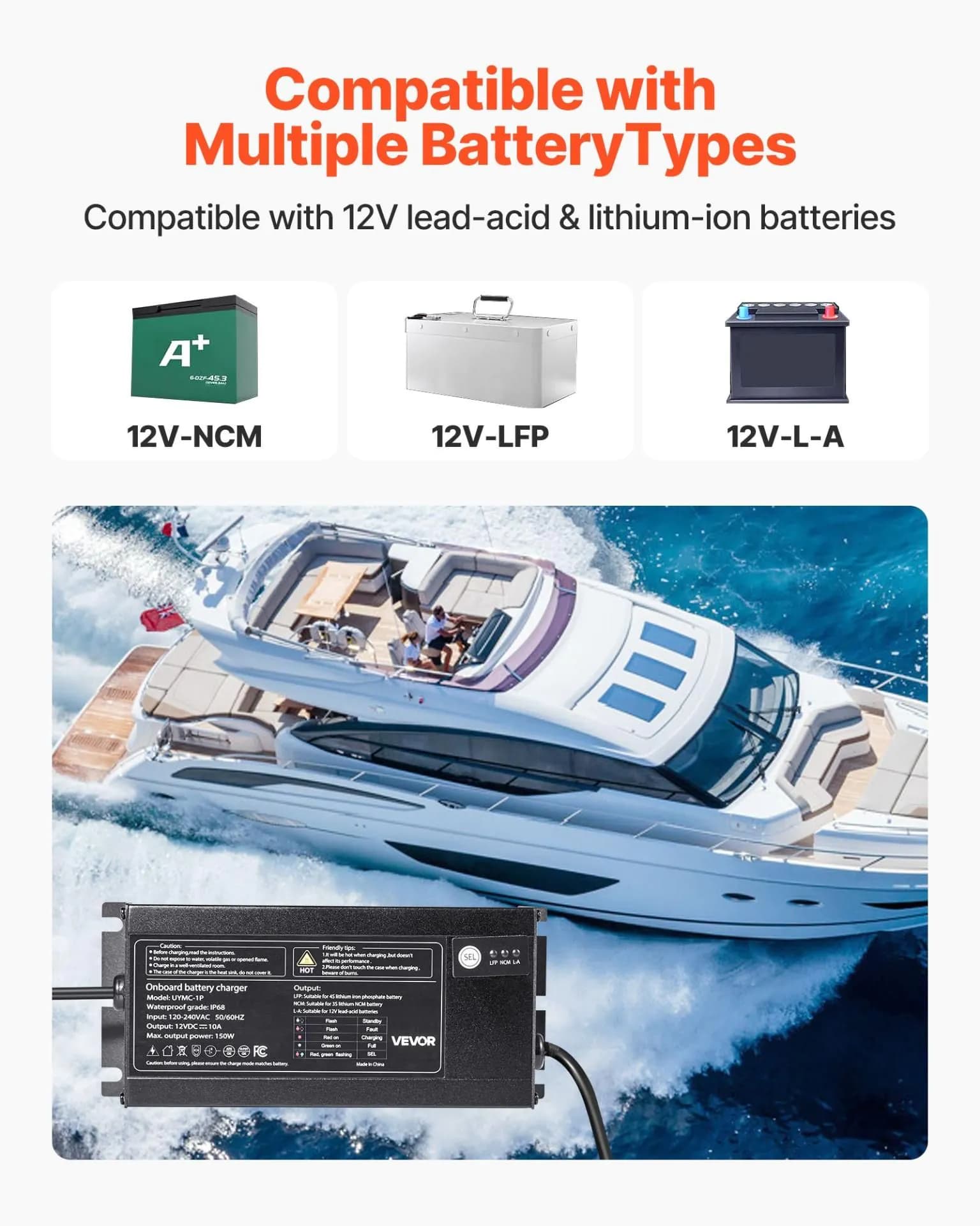 image-VEVOR Marine Battery Charger, 1-Bank, 10A 12V Onboard Boat Charger, IP68 Waterproof Smart On-Board Battery Charger, for Lithium-Ion (LiFePO4), NCM, Lead-Acid Batteries, Large Boat, Yacht, RV, Trailer