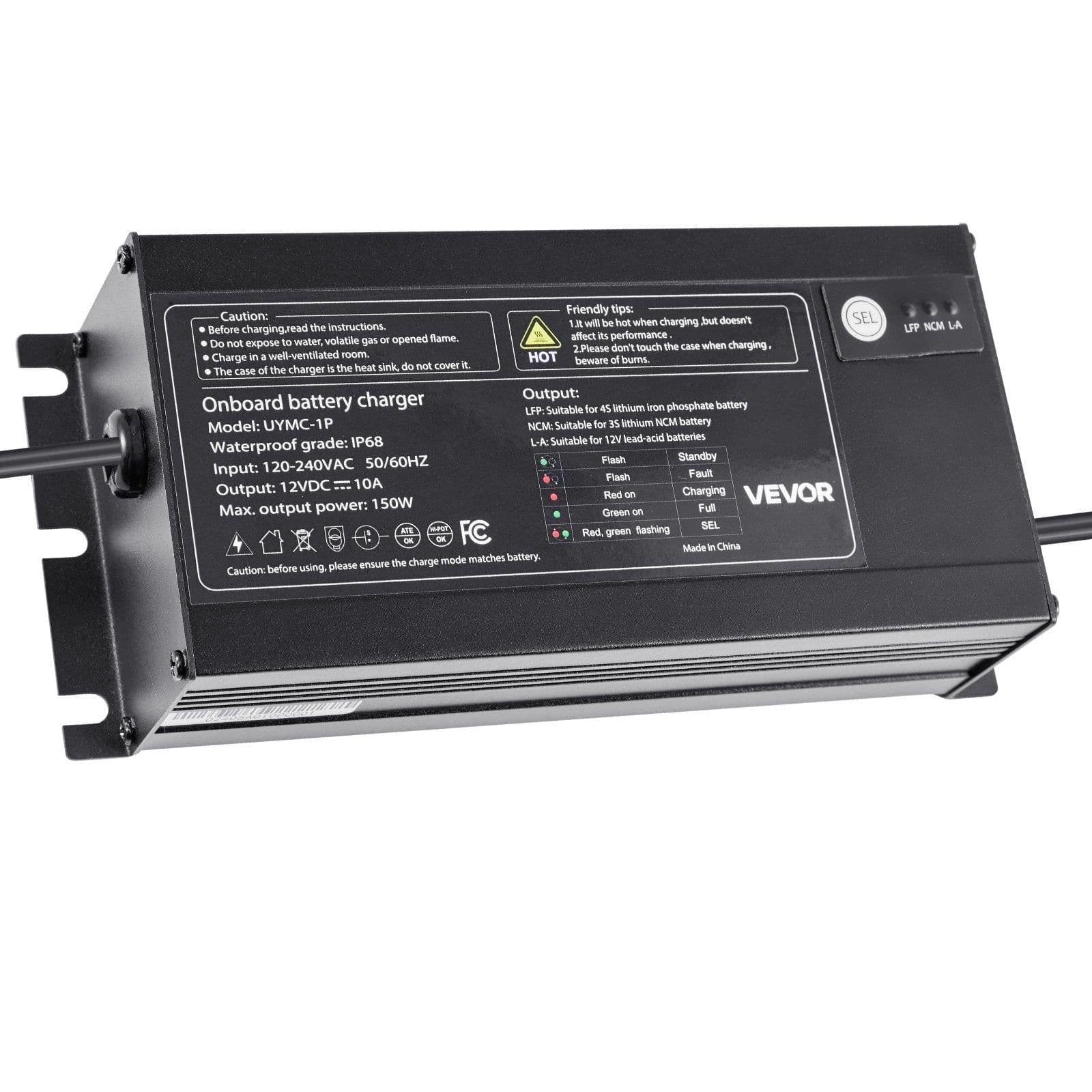image-VEVOR Marine Battery Charger, 1-Bank, 10A 12V Onboard Boat Charger, IP68 Waterproof Smart On-Board Battery Charger, for Lithium-Ion (LiFePO4), NCM, Lead-Acid Batteries, Large Boat, Yacht, RV, Trailer