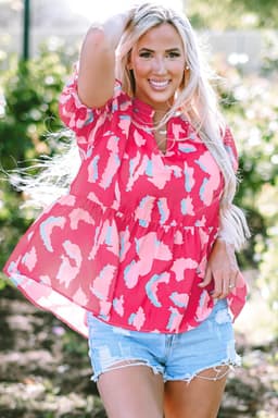 image-Rose Abstract Print Smocked Puff Sleeve V Neck Blouse