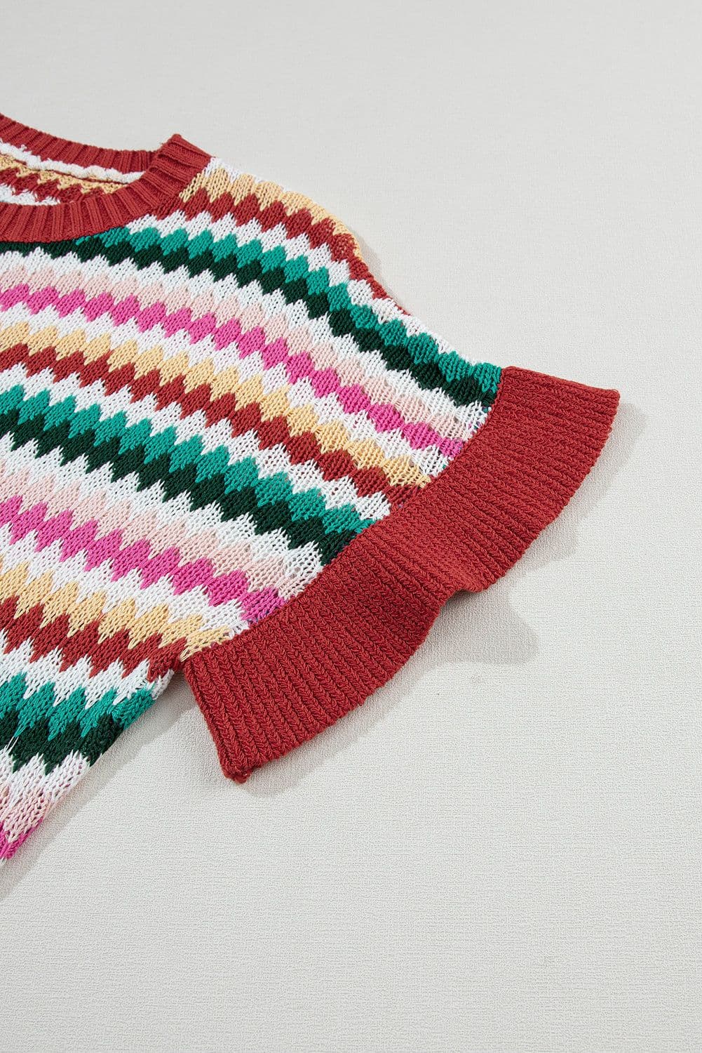 image-Fiery Red Trimmed Ruffle Sleeve Colorful Textured Sweater