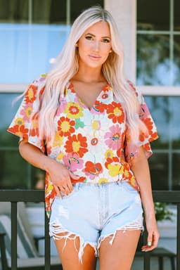 image-Multicolor Floral Print V Neck Half Sleeve Blouse
