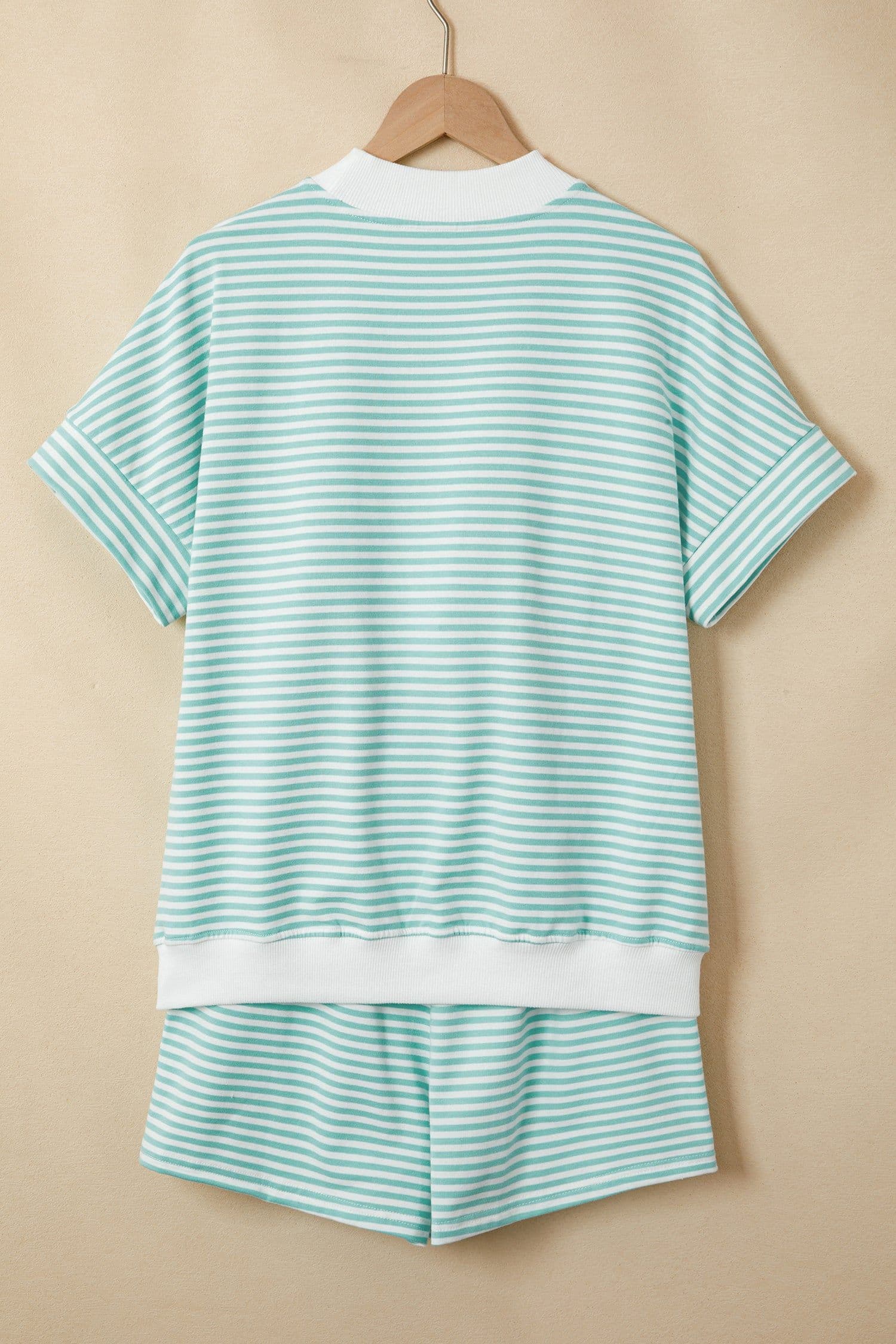 image-Sky Blue Stripe Cuffed Sleeve Contrast Mock Neck Tee Casual 2pcs Short Set