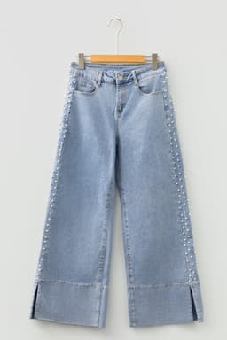 image-Beau Blue Mid Rise Pearl Embellished Split Wide Leg Jeans