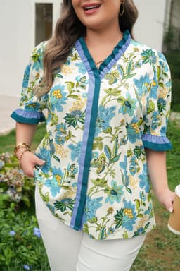 image-Sky Blue Plus Size Frilled V Neck Short Sleeve Floral Blouse