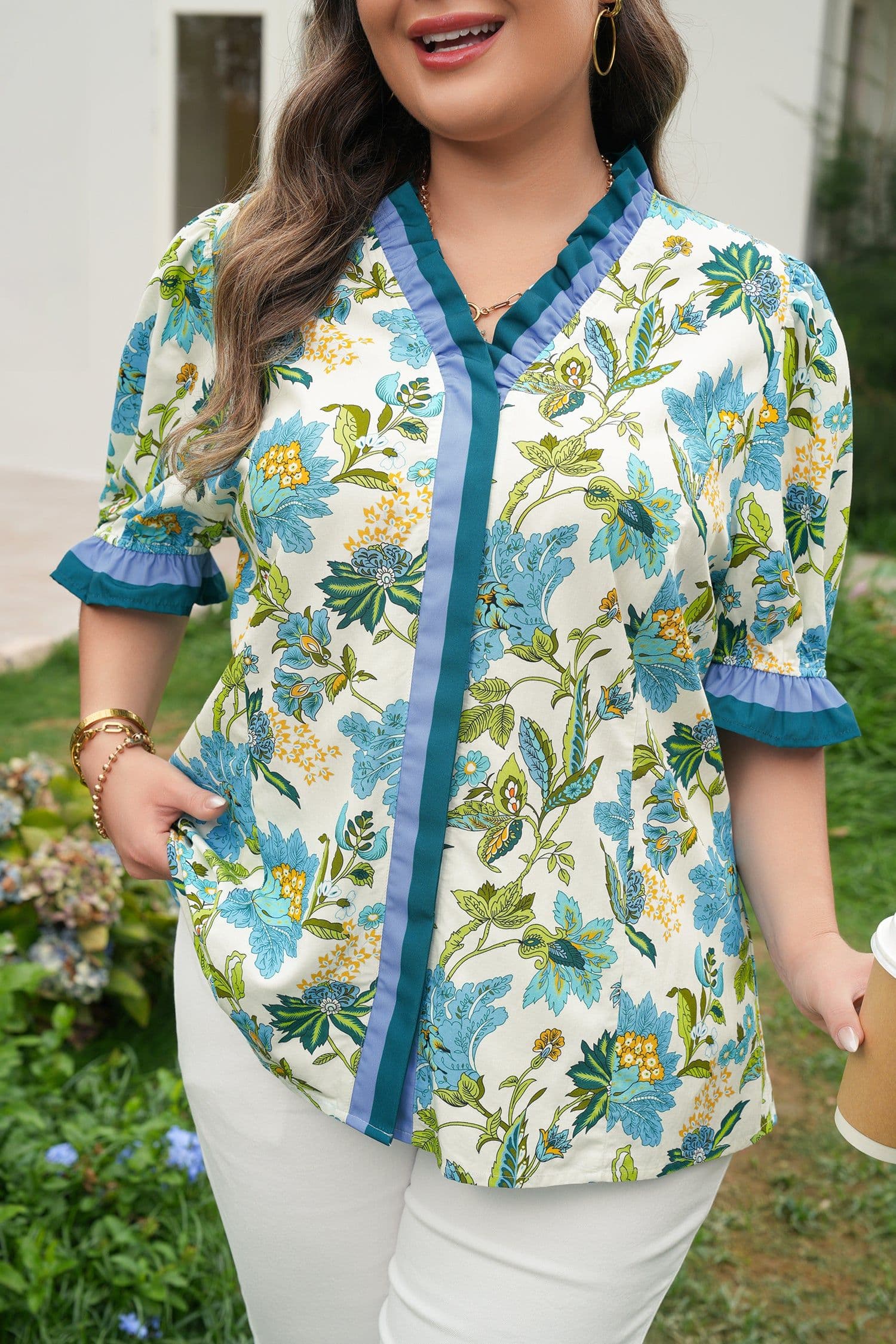 image-Sky Blue Plus Size Frilled V Neck Short Sleeve Floral Blouse