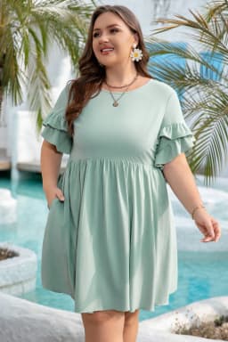 image-Grass Green Ruffle Trim Mini Dress - Plus Size