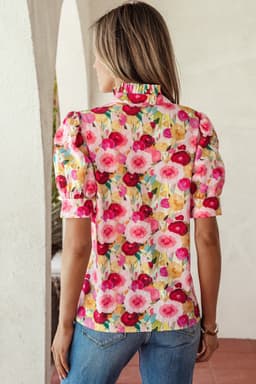 image-Pink Floral Blouse - Frilled V Neck Puff Sleeve