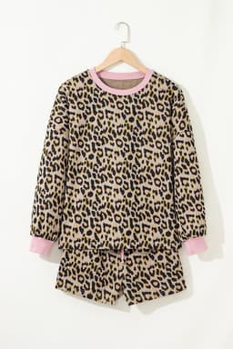 image-Pink Leopard Print Contrast Edge Long Sleeve Pullover Shorts Set