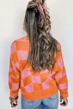 image-Orange Plaid V-Neck Drop Shoulder Cardigan - Chic & Relaxed Fit XL