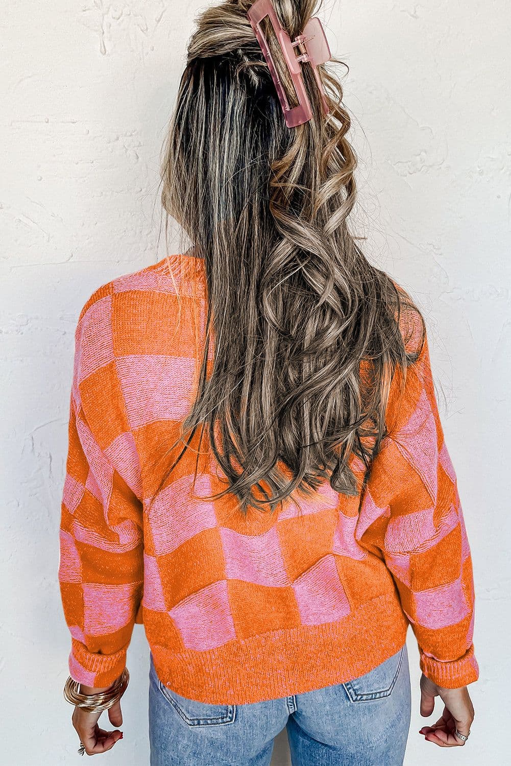 image-Orange Plaid V-Neck Drop Shoulder Cardigan - Chic & Relaxed Fit XL