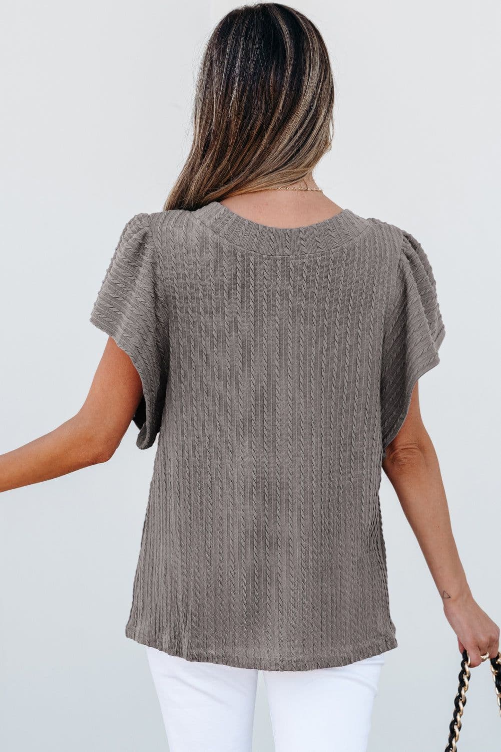 image-Solid Color Textured Flutter Sleeve Top, Size Chart Included
