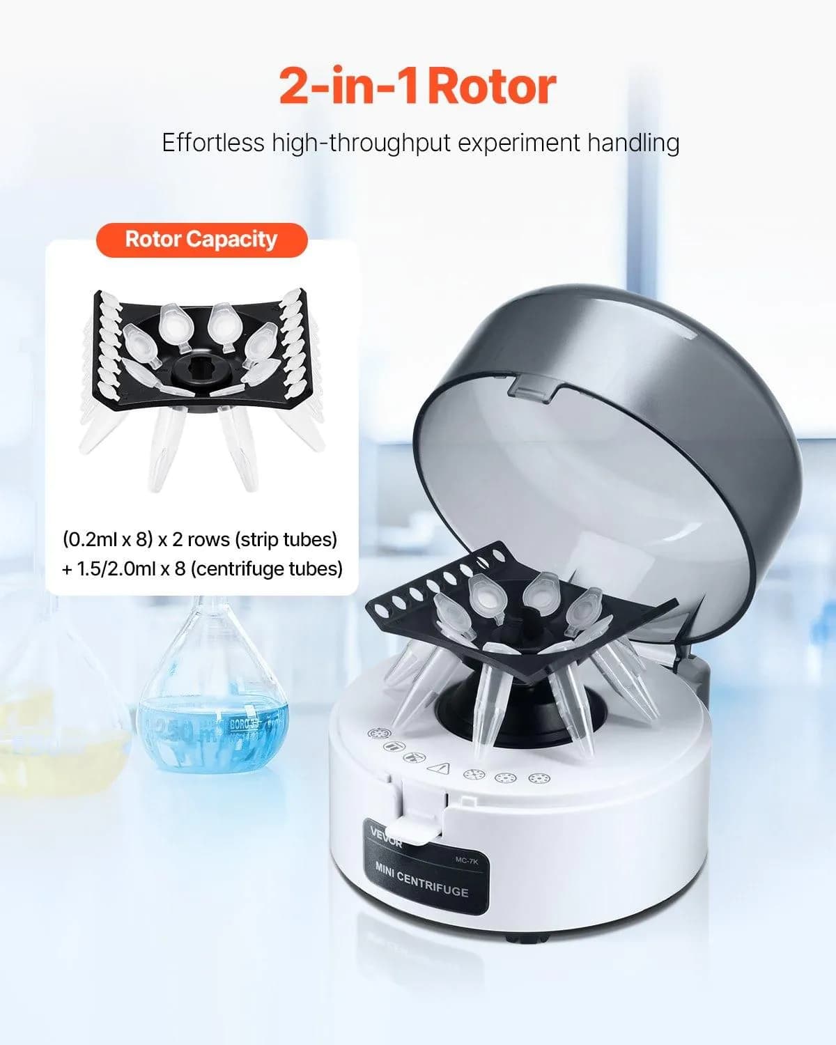 image-VEVOR Mini Centrifuge Machine, 3013xg RCF Electric Laboratory Centrifuge Machine with 2-in-1 Rotor for 0.2/1.5/2ml Tube Capacity, Fixed Speed 7000r/min, Low Noise, Widely Used in Various Experiments