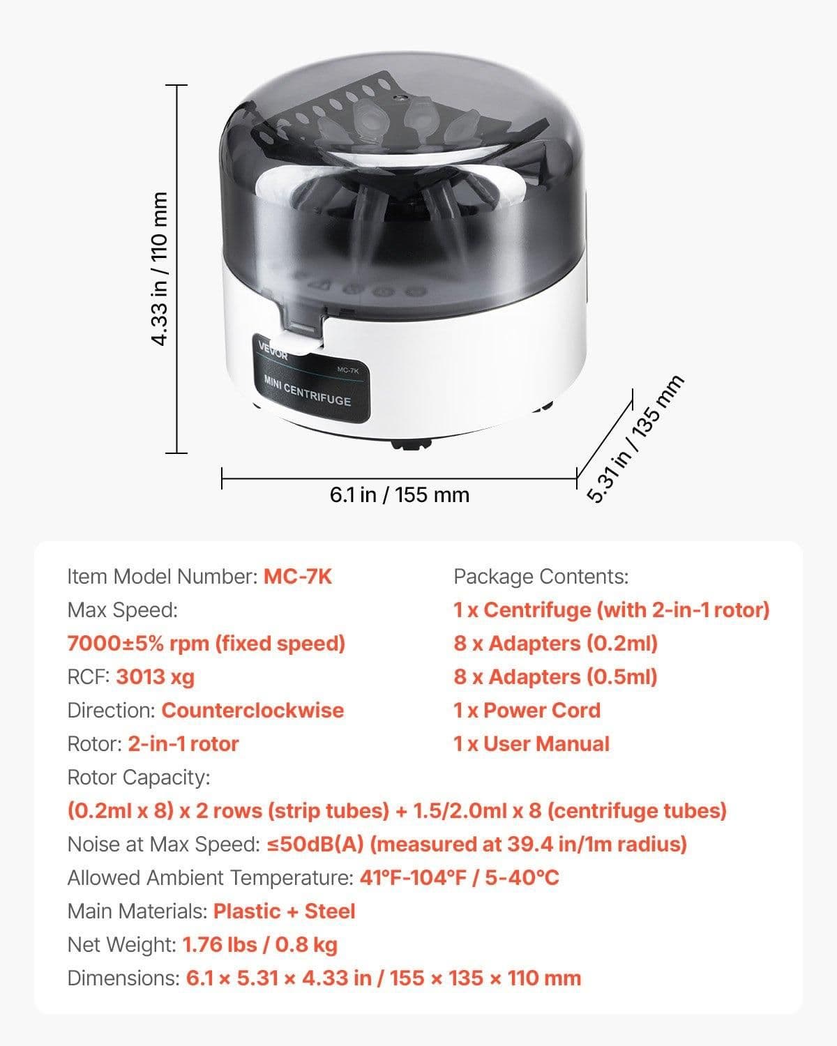 image-VEVOR Mini Centrifuge Machine, 3013xg RCF Electric Laboratory Centrifuge Machine with 2-in-1 Rotor for 0.2/1.5/2ml Tube Capacity, Fixed Speed 7000r/min, Low Noise, Widely Used in Various Experiments