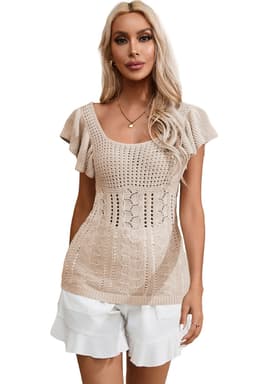 image-Beige Pointelle Knit Flutter Sleeve Sweater - Versatile & Chic