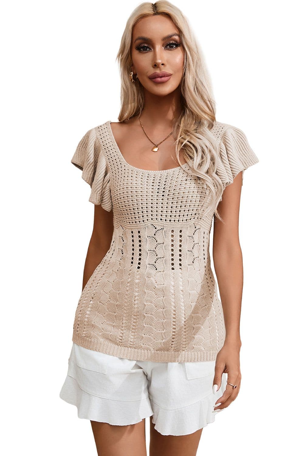 image-Beige Pointelle Knit Flutter Sleeve Sweater - Versatile & Chic
