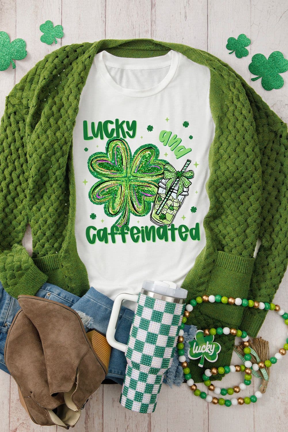 image-St. Patrick's Day Graphic Tee - White Clover & Caffeine Design