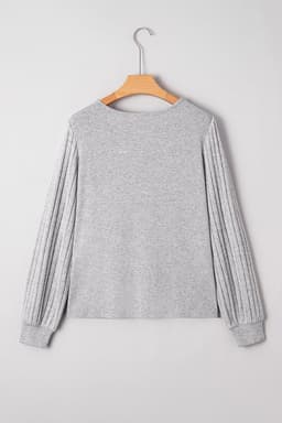 image-Gray Hollowed Lace Ribbed Knit Long Sleeve Patchwork Top