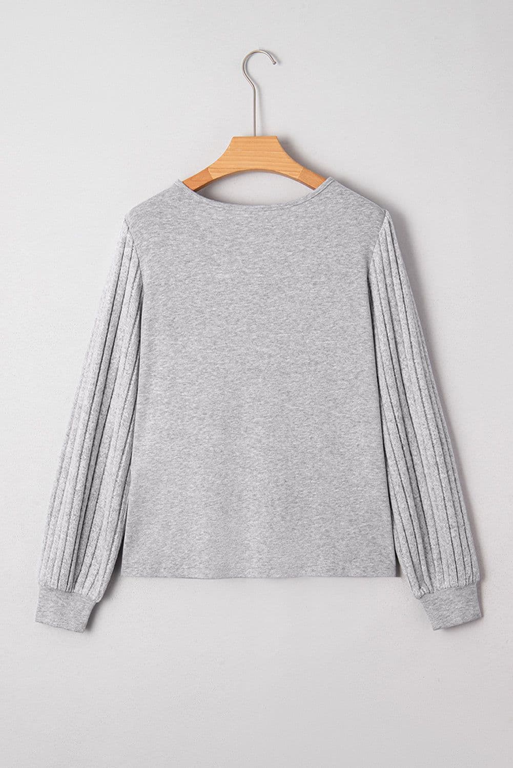 image-Gray Hollowed Lace Ribbed Knit Long Sleeve Patchwork Top