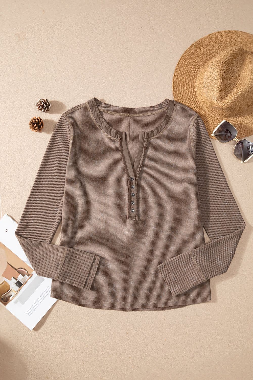 image-Acid Wash Waffle Knit Long Sleeve Top - Smoke Green Buttoned Neck