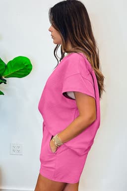 image-Strawberry Pink 2pcs Drawstring Shorts Set, Short Sleeve Top & Shorts