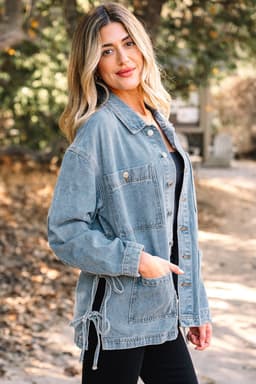 image-Beau Blue Patched Boyfriend Denim Jacket - Side Tie