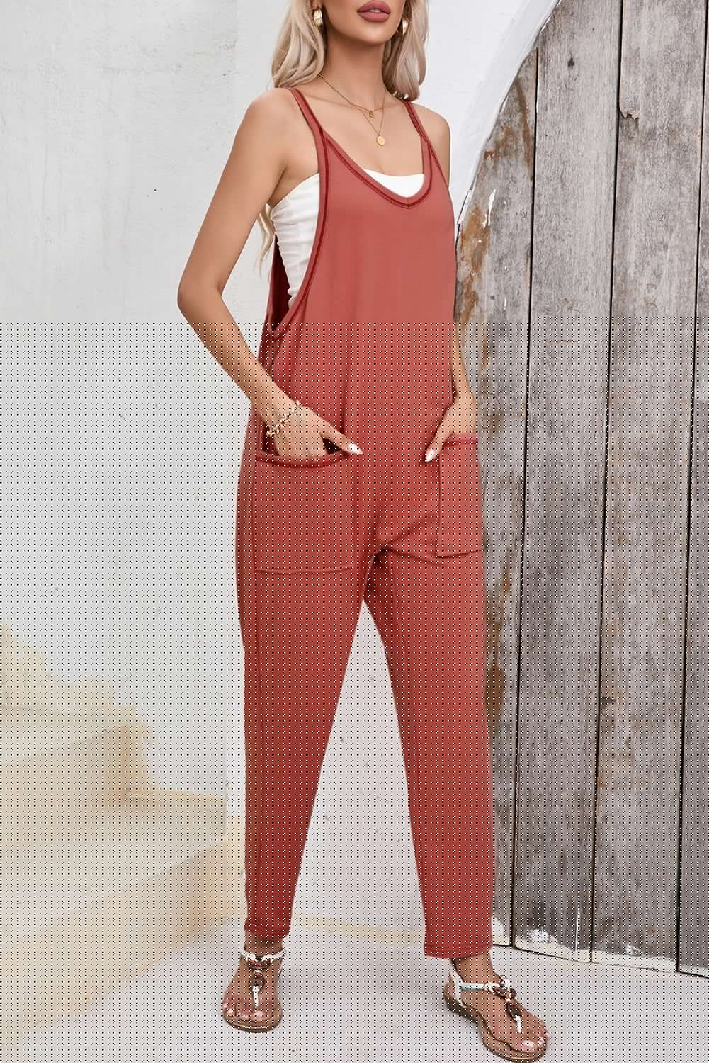image-Black Harem Pants Jumpsuit V Neck Sleeveless Side Pockets Fashion Jumpsuit