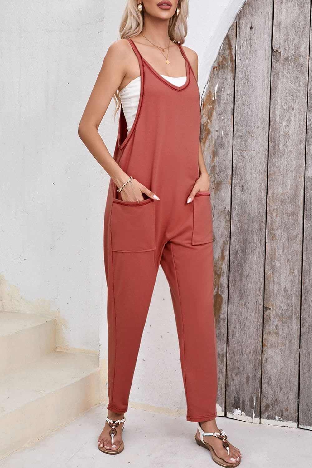 image-Black Harem Pants Jumpsuit V Neck Sleeveless Side Pockets Fashion Jumpsuit