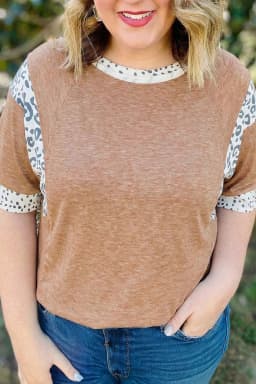 image-Chestnut Animal Color Block Patchwork Plus Size Tee