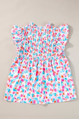 image-Sky Blue Abstract Printed Ruffled Blouse - Shirred Yoke Design