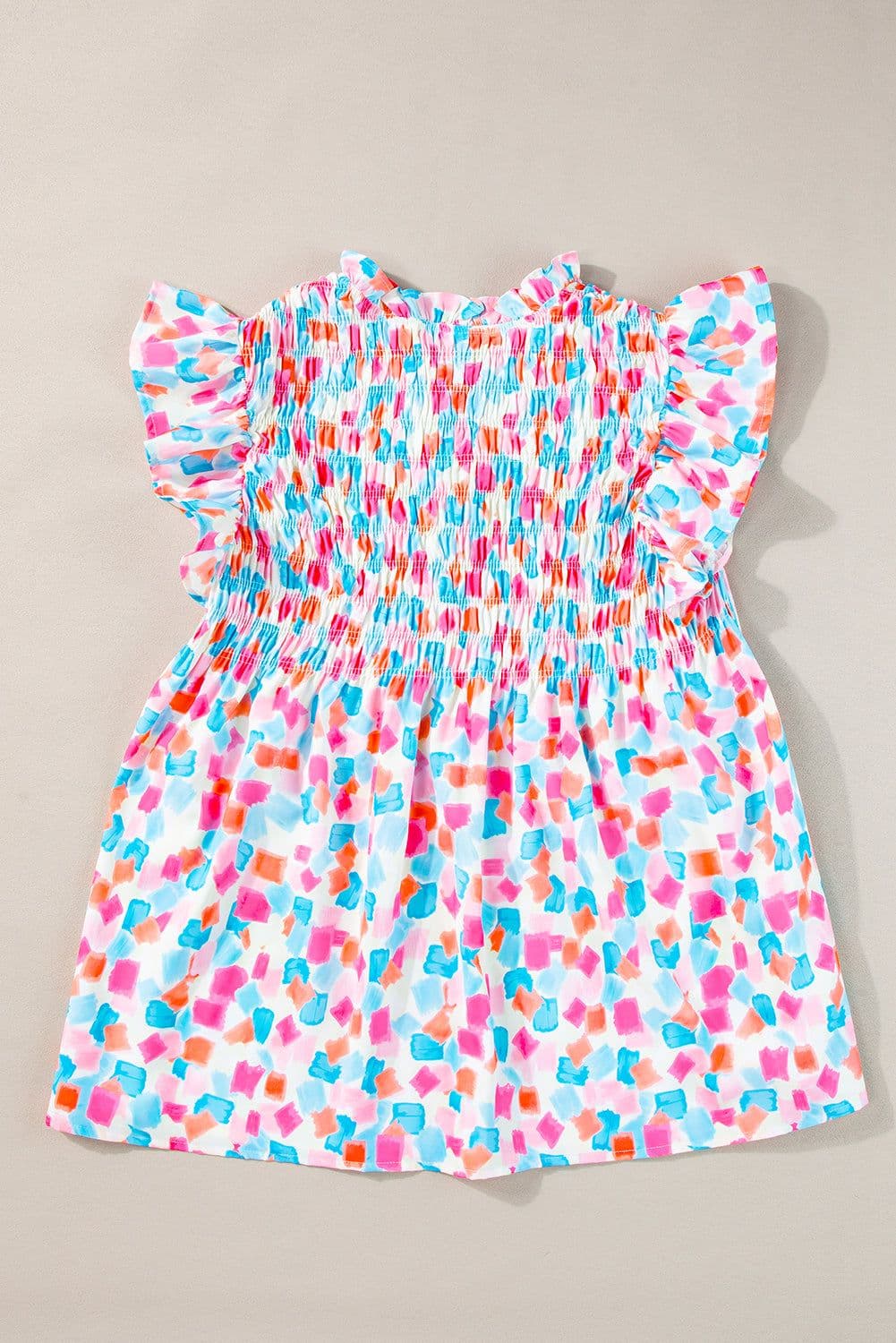 image-Sky Blue Abstract Printed Ruffled Blouse - Shirred Yoke Design