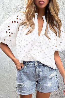 image-White Embroidered Hollow-out Puff Sleeve Blouse - Floral Design