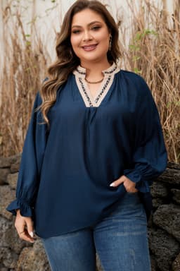 image-Navy Blue Leopard Patchwork Plus Size Blouse