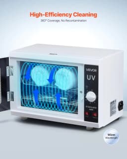 image-VEVOR Nail Tool Cleaning Machine, 12L Large Capacity, Knob Control, Tool Cabinet Cleaner Box with Timer Setting, Tempered Glass Door, 185nm Wavelength, for Labs, Home, Nail Salons, Beauty Salons