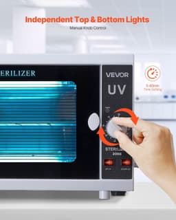 image-VEVOR Nail Tool Cleaning Machine, 12L Large Capacity, Knob Control, Tool Cabinet Cleaner Box with Timer Setting, Tempered Glass Door, 185nm Wavelength, for Labs, Home, Nail Salons, Beauty Salons