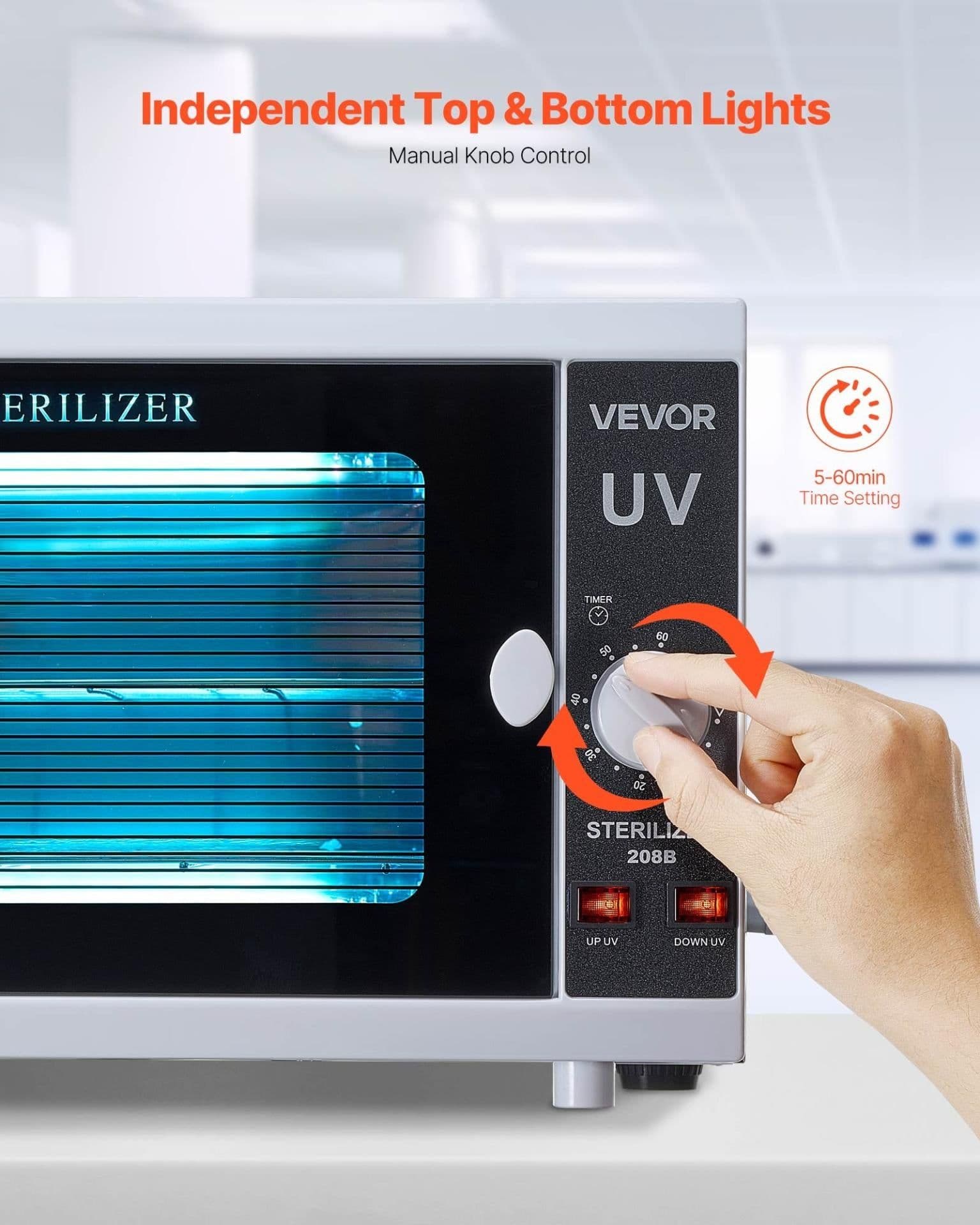image-VEVOR Nail Tool Cleaning Machine, 12L Large Capacity, Knob Control, Tool Cabinet Cleaner Box with Timer Setting, Tempered Glass Door, 185nm Wavelength, for Labs, Home, Nail Salons, Beauty Salons