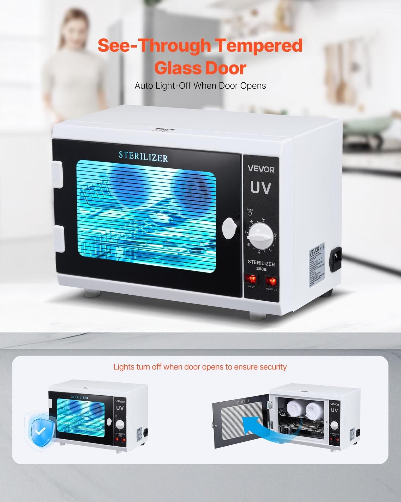 image-VEVOR Nail Tool Cleaning Machine, 12L Large Capacity, Knob Control, Tool Cabinet Cleaner Box with Timer Setting, Tempered Glass Door, 185nm Wavelength, for Labs, Home, Nail Salons, Beauty Salons