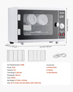 image-VEVOR Nail Tool Cleaning Machine, 12L Large Capacity, Knob Control, Tool Cabinet Cleaner Box with Timer Setting, Tempered Glass Door, 185nm Wavelength, for Labs, Home, Nail Salons, Beauty Salons