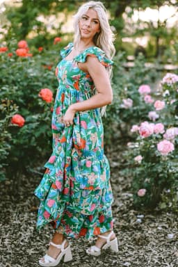image-Green Floral Print Sleeveless Ruffle Tiered Maxi Dress