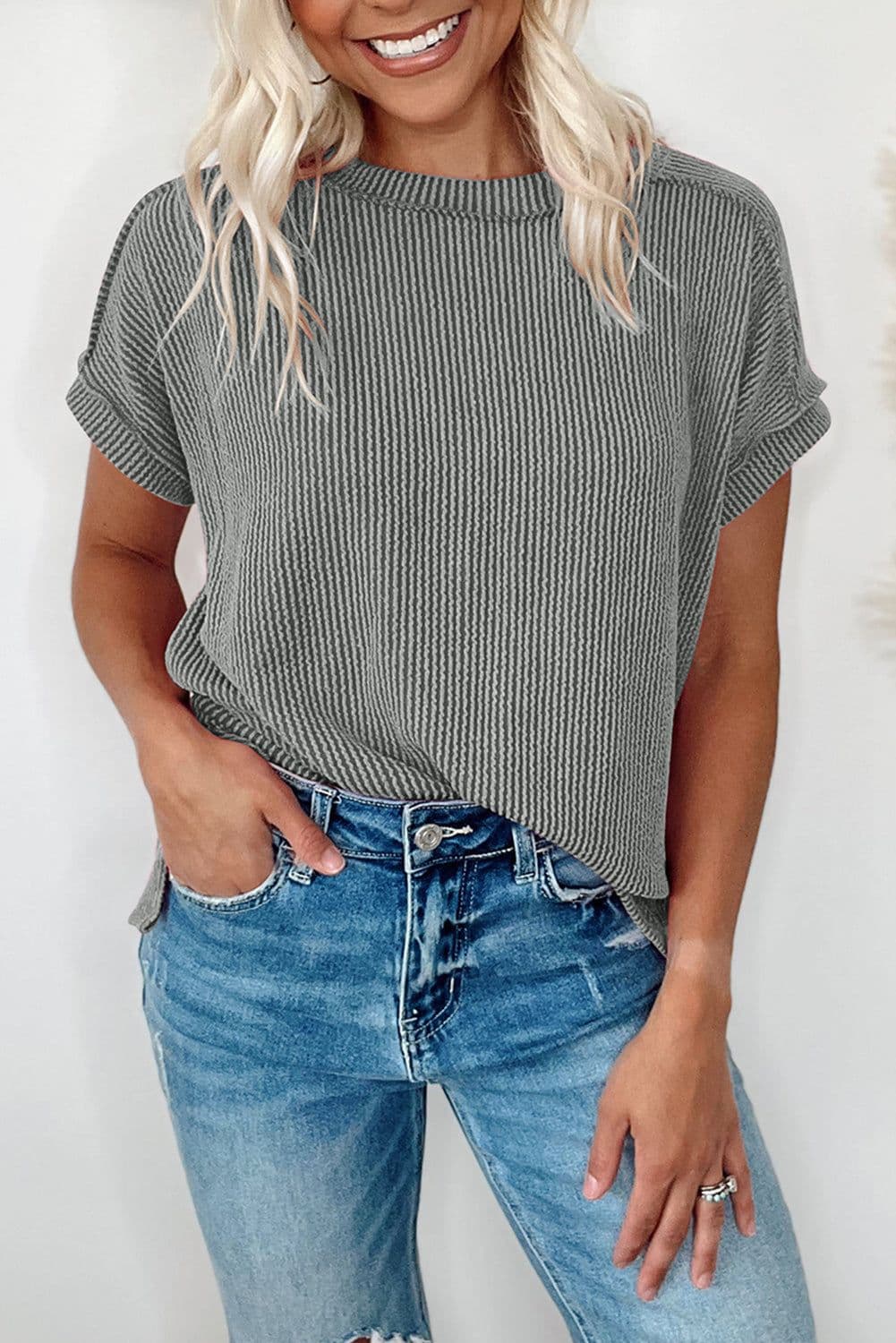 image-Medium Grey Textured Knit T-shirt with Exposed Stitching