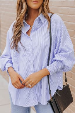 image-Sky Blue Striped Boyfriend Shirt with Pocket - Smocked Cuffs