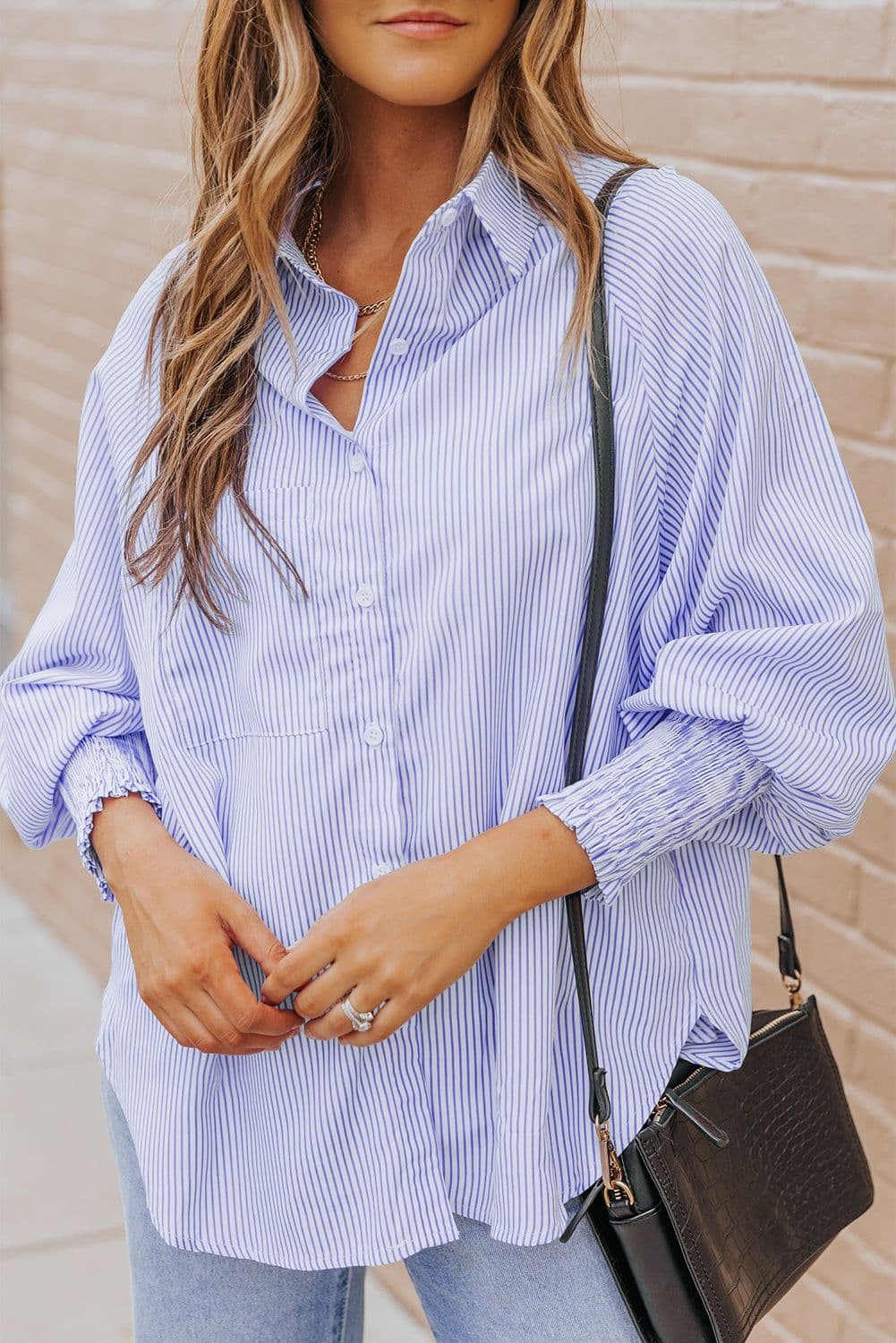 image-Sky Blue Striped Boyfriend Shirt with Pocket - Smocked Cuffs