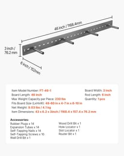 image-VEVOR Floating Shelf Bracket 1 Pack, 230 lbs/104 kg Weight Capacity, 46x6.2x3 inch / 1168.4x157.4x76.2 mm, Heavy Duty Hidden Shelf Brackets Support, Wall Mounting Invisible Floating Shelves Bracket
