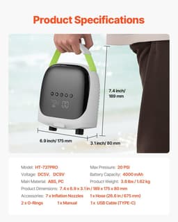 image-VEVOR Paddle Board Pump, 20PSI High Pressure, Rechargeable Battery-Powered, Dual Stage Electric SUP Air Pump with Auto-Off and Deflation Function, Ideal for Inflatable Paddle Board, Tent and Mattress