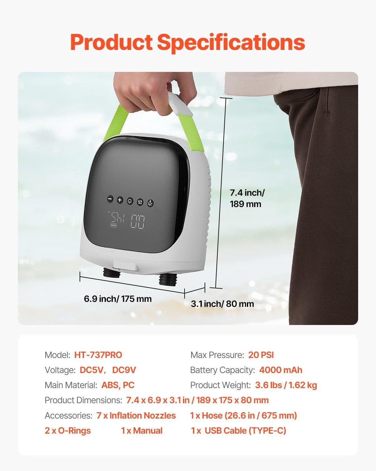 image-VEVOR Paddle Board Pump, 20PSI High Pressure, Rechargeable Battery-Powered, Dual Stage Electric SUP Air Pump with Auto-Off and Deflation Function, Ideal for Inflatable Paddle Board, Tent and Mattress