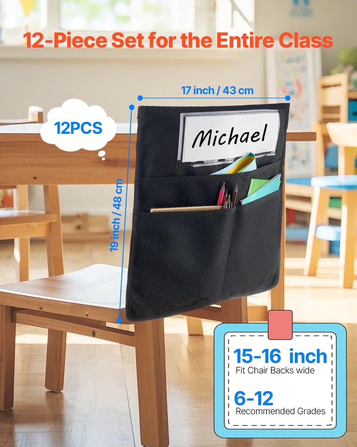 image-VEVOR Chair Pockets for Classroom, 12 Pack, 17 x 19 Inches Chairback Buddy Pocket with Name Tag, Back of Chair Organizer for Kids in Classroom, Kindergarten, School, and Home, Black