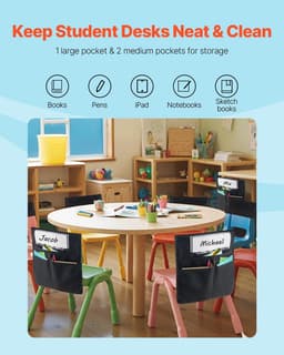 image-VEVOR Chair Pockets for Classroom, 12 Pack, 17 x 19 Inches Chairback Buddy Pocket with Name Tag, Back of Chair Organizer for Kids in Classroom, Kindergarten, School, and Home, Black