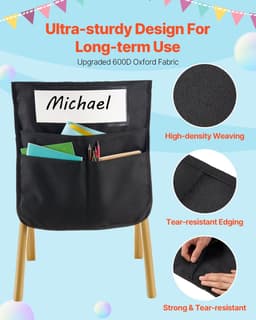 image-VEVOR Chair Pockets for Classroom, 12 Pack, 17 x 19 Inches Chairback Buddy Pocket with Name Tag, Back of Chair Organizer for Kids in Classroom, Kindergarten, School, and Home, Black