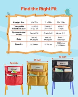image-VEVOR Chair Pockets for Classroom, 12 Pack, 17 x 19 Inches Chairback Buddy Pocket with Name Tag, Back of Chair Organizer for Kids in Classroom, Kindergarten, School, and Home, Black