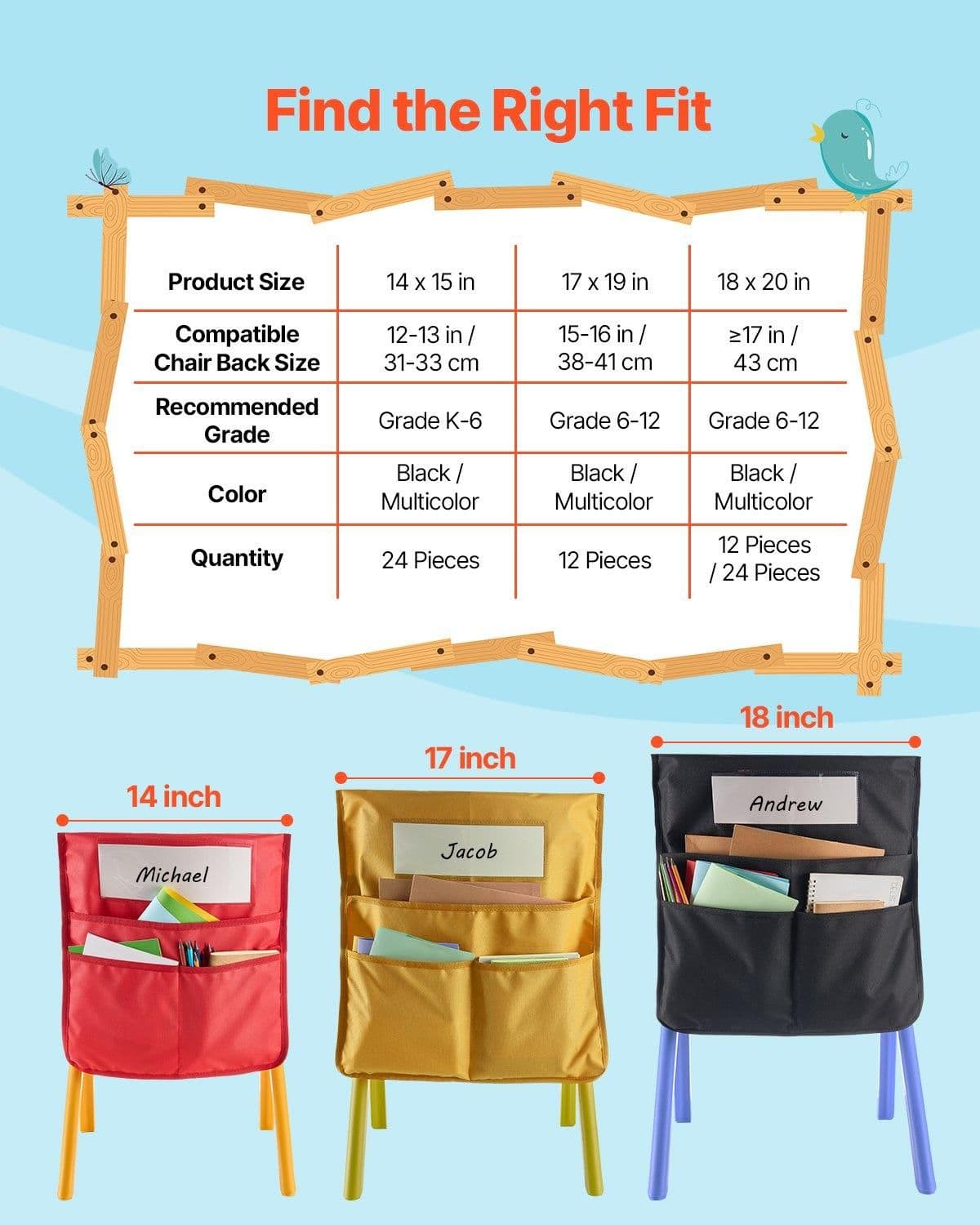 image-VEVOR Chair Pockets for Classroom, 12 Pack, 17 x 19 Inches Chairback Buddy Pocket with Name Tag, Back of Chair Organizer for Kids in Classroom, Kindergarten, School, and Home, Black